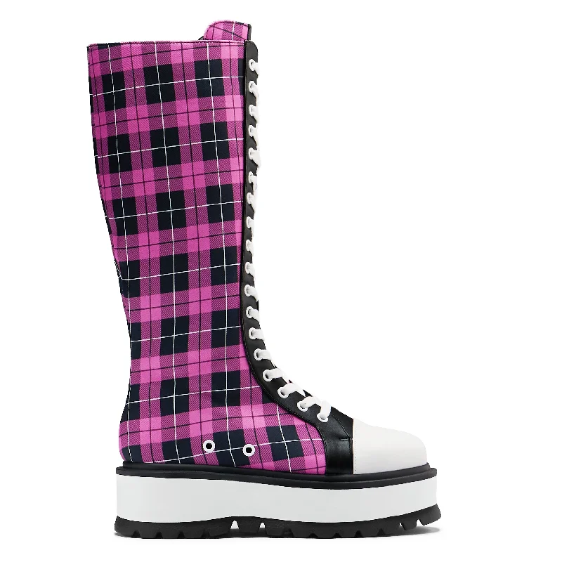 Irrelevant Long Platform Boots - Pink Check