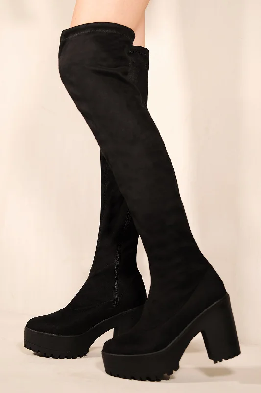 IRIS CHUNKY PLATFORM HEEL KNEE HIGH BOOTS IN BLACK FAUX SUEDE