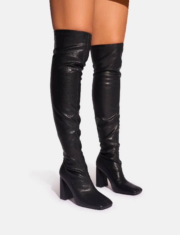 Showoff Black Pu Block Heel Over the Knee Boot