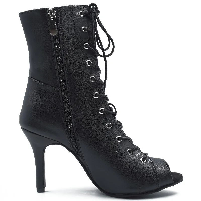 Tempo- Black Open Toe Lace Up Bootie Stiletto Dance Heels Dance Shoes