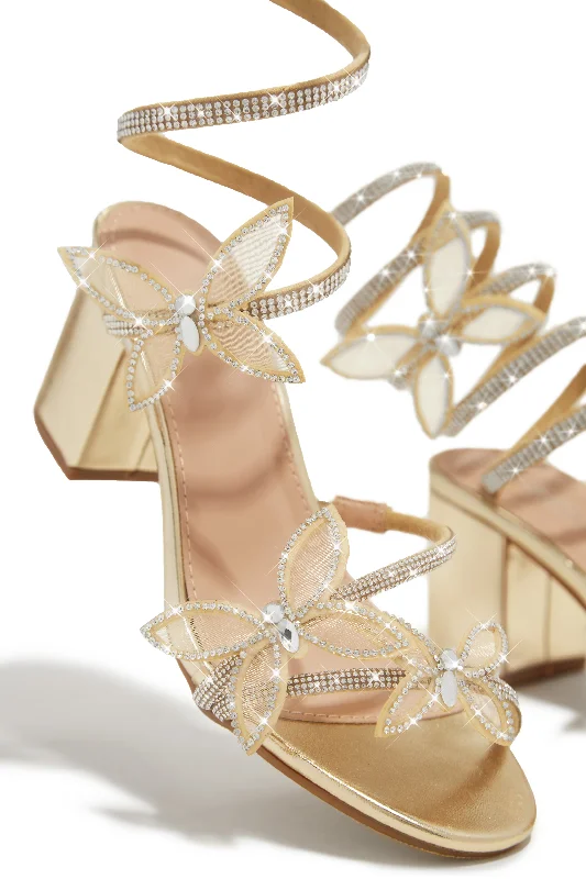 Fantasy Embellished Around The Ankle Coil Block Heels - Gold