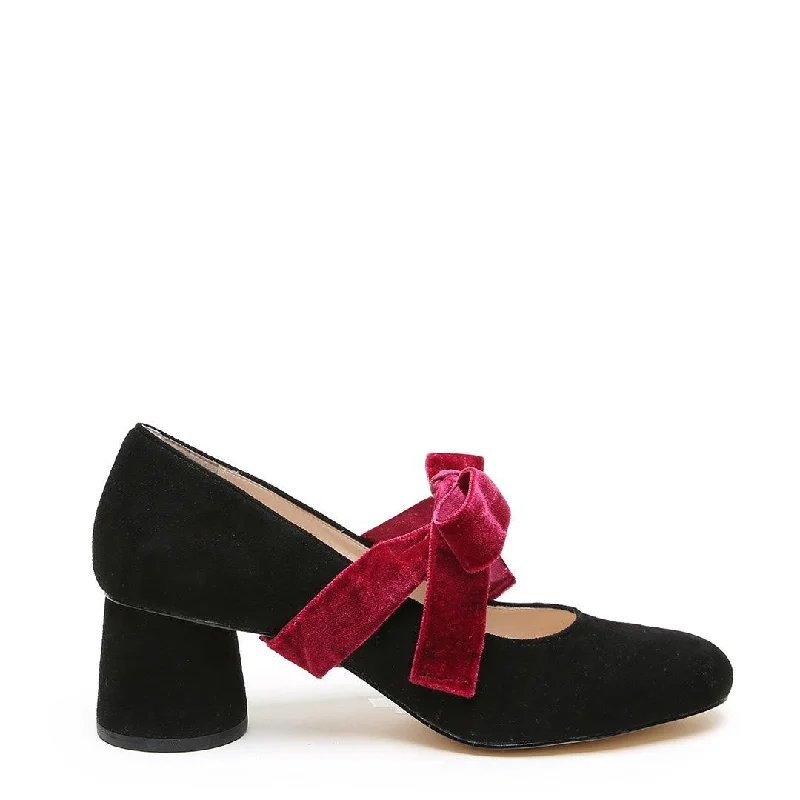 Black Suede Ballet Pump + Red Velvet Marie Strap