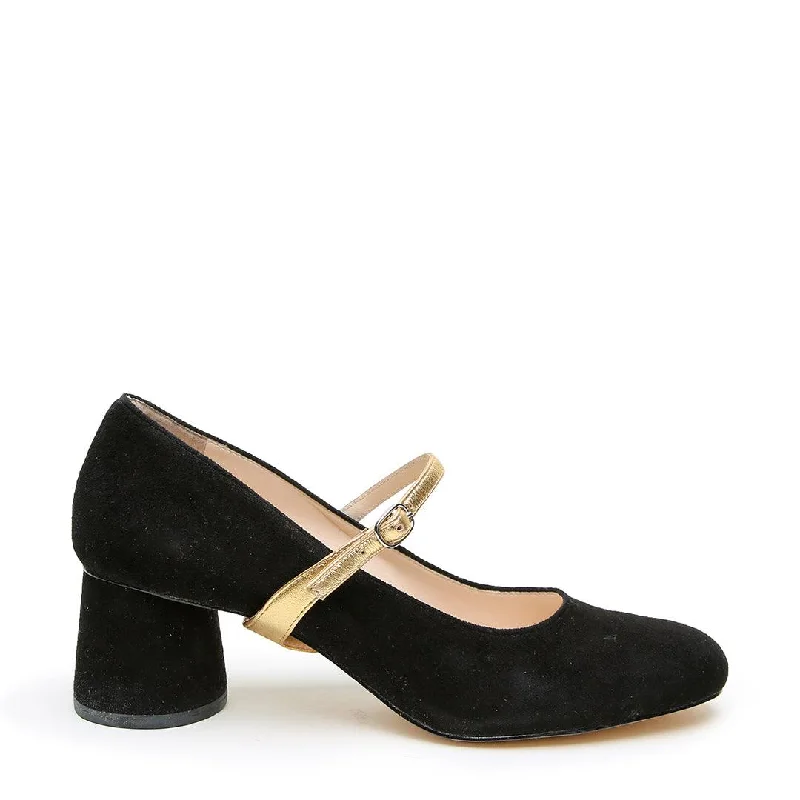 Black Suede Ballet Pump + Gold Twiggy Strap