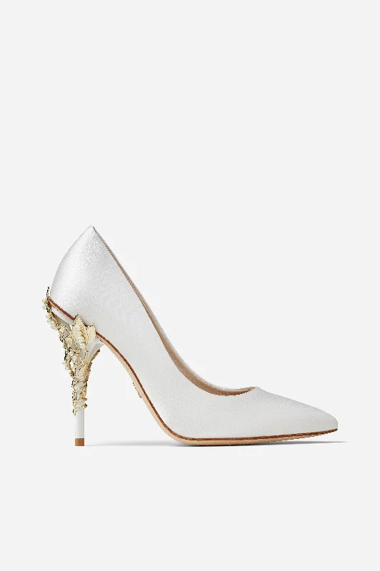 White Satin Eden Heels with Pearls and Gold Leaves